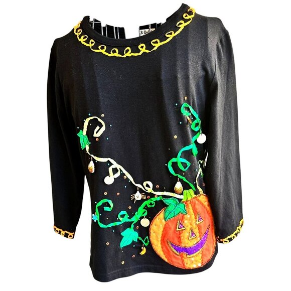 VTG  Jack B Quick Jack O Lantern Top Small  Halloween Black Embellished Applique - Picture 10 of 12